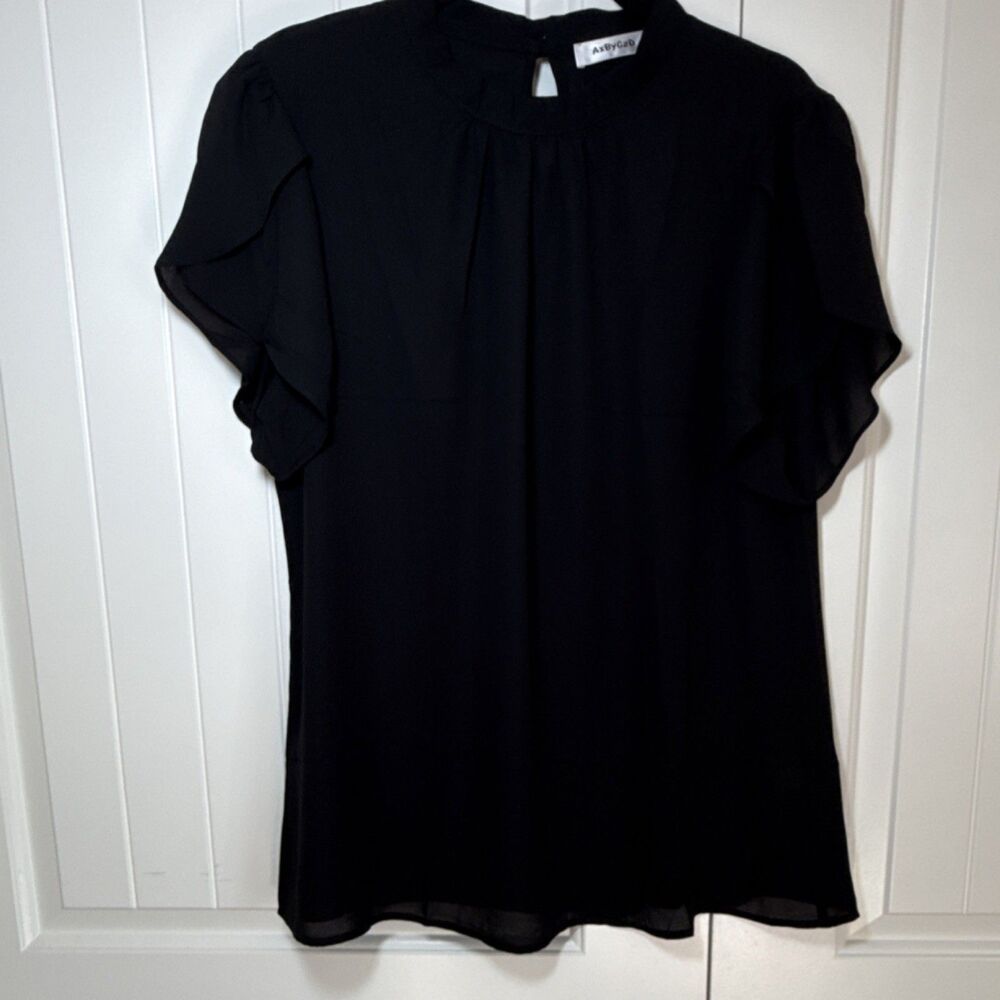 AxByCzD Black Chiffon Sheer Flutter Sleeve Keyhole Button Blouse Polyester XL